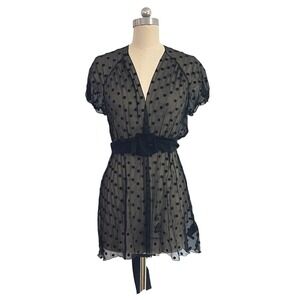 Rozie Nichols Black Polka Dot Sheer Mini Dress Tie Waist V Neck Romance L